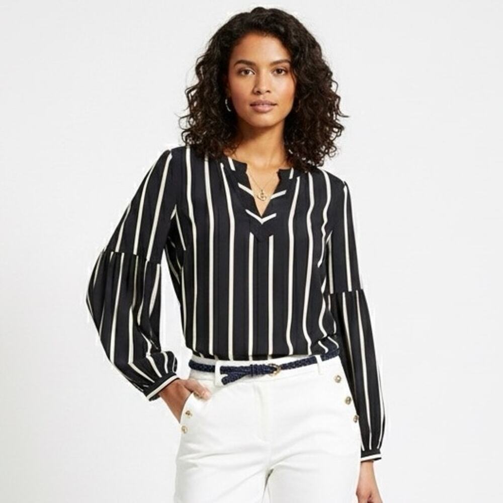 Loft Striped Balloon Sleeve Split Neck Blouse Womens XS Black Corporate European
